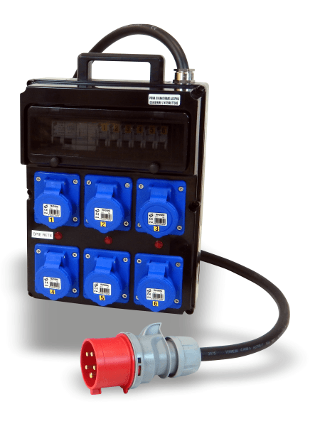 QUADRO CORRENTE POWERBOX POLICARBONATO PRESSACAVO METALLO SPIE RETE DA SPINA 32A MASCHIO 5P A 6 PRESE CEE 16A 2P+T FEMMINA - TechSoundSystem.com