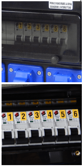 QUADRO CORRENTE POWERBOX POLICARBONATO PRESSACAVO METALLO SPIE RETE DA SPINA 32A MASCHIO 5P A 6 PRESE CEE 16A 2P+T FEMMINA - TechSoundSystem.com