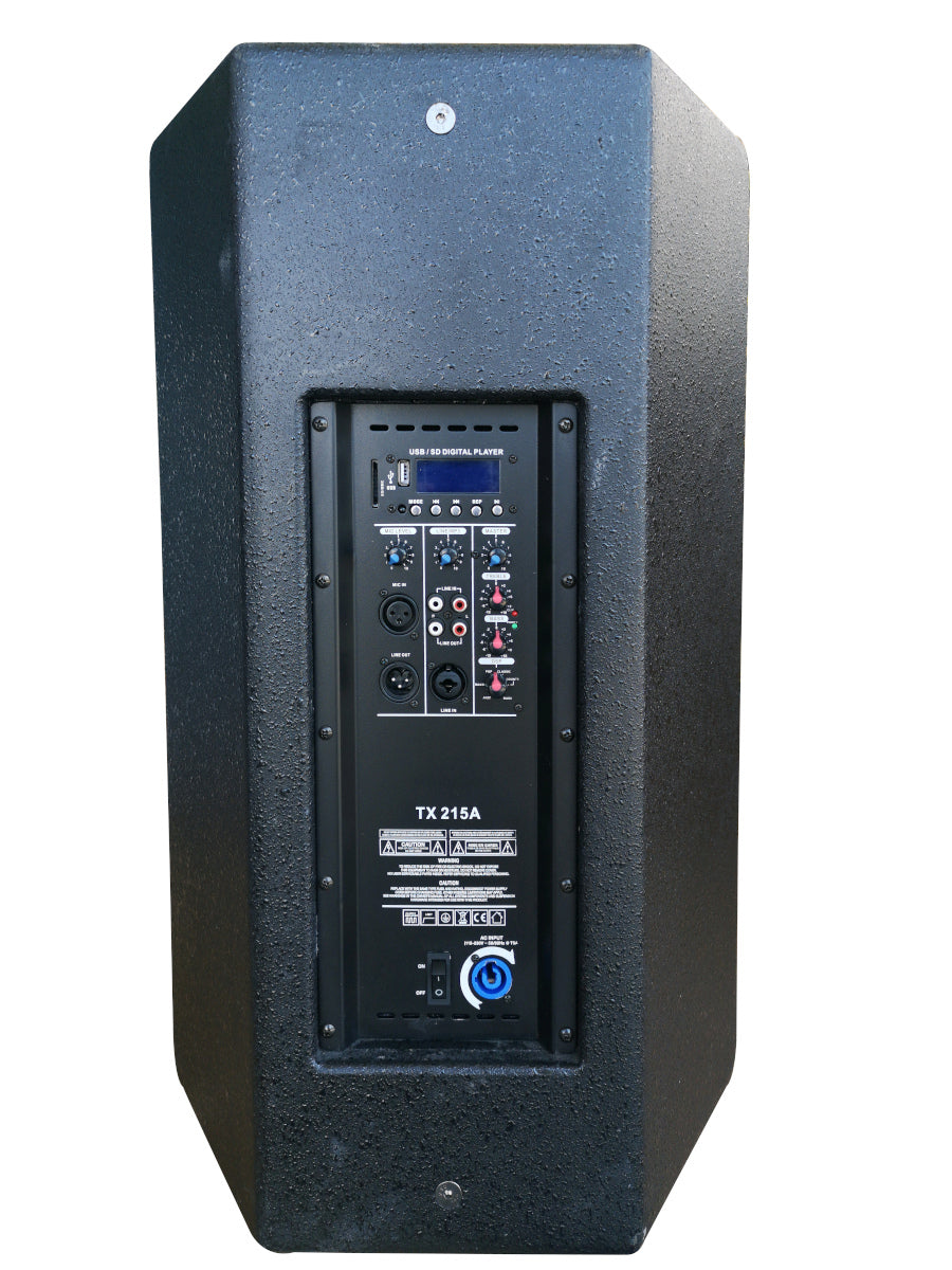 EXTREME TX215A COPPIA CASSE ATTIVE 2 VIE 500 WATT CLASSE D WOOFER 15" + LETTORE USB SD MP3 BLUETOOTH + CHASSIS IN MULTISTRATO ULTIMA COPPIA ESPOSTA - TechSoundSystem.com