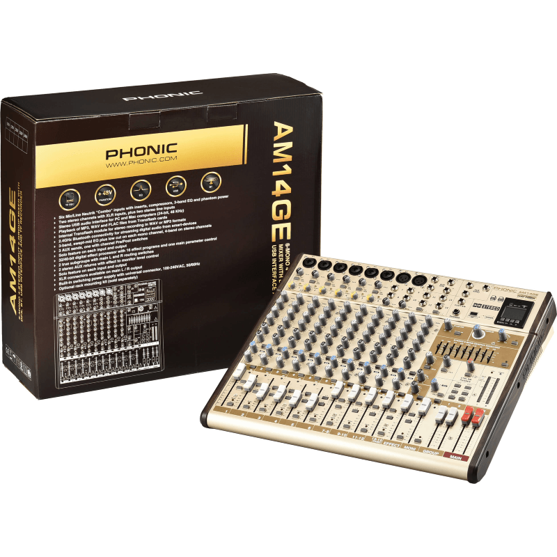 PHONIC AM14GE GOLD EDITION MIXER COMPATTO 12 CANALI CON BLUETOOTH REGISTRATORE E INTERFACCIA USB - TechSoundSystem.com