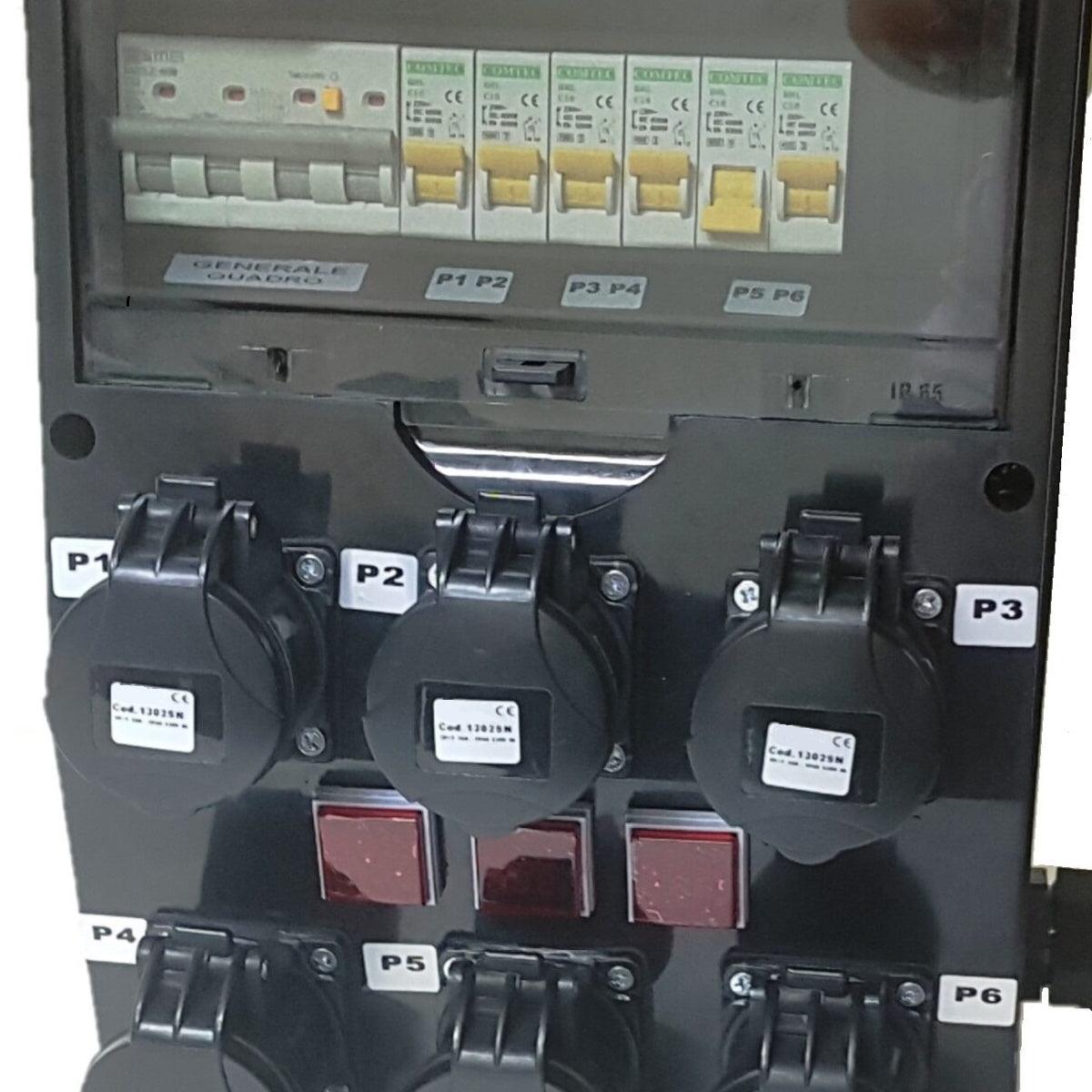 QUADRO POWERBOX SPINA 32A TRIFASE 6 PRESE CEE 16A MONOFASE 3 SPIE VOLT-AMPERE PULSANTE EMERGENZA COPERTO - TechSoundSystem.com