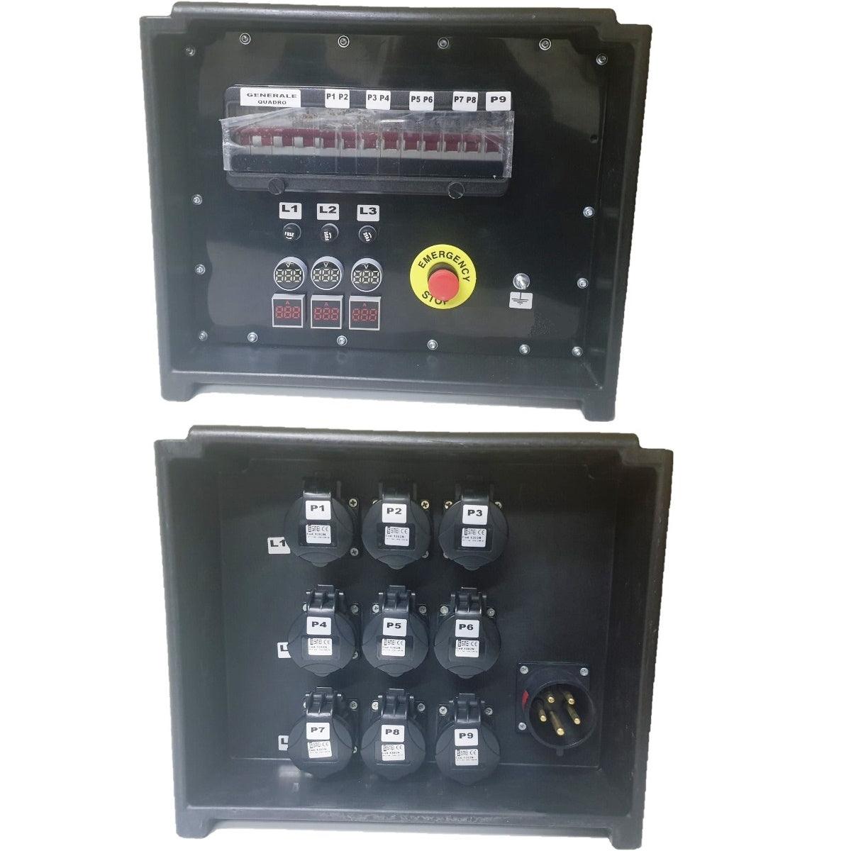 QUADRO CORRENTE POWERBOX SPINA 32A PENTAPOLARE TRIFASE 9 PRESE CEE 16A MONOFASE 3 SPIE VOLTOMETRO AMPEROMETRO EMERGENZA - TechSoundSystem.com