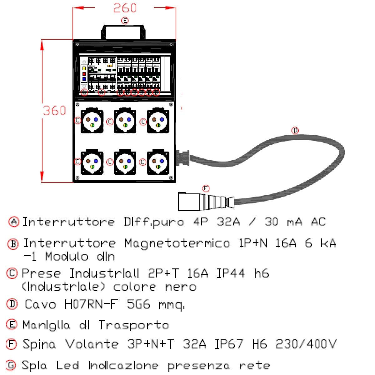 QUADRO CORRENTE POWERBOX SPINA 32A TRIFASE 6 PRESE CEE 16A MONOFASE 3 SPIE DI RETE CAVO 5X6MM2 DA 2MT - TechSoundSystem.com