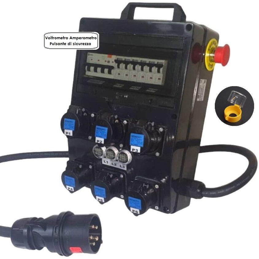 QUADRO CORRENTE POWERBOX SPINA 32A TRIFASE 6 PRESE CEE 16A MONOFASE 3 SPIE VOLTOMETRO AMPEROMETRO EMERGENZA 2MT. CAVO 5G6MM2 - TechSoundSystem.com