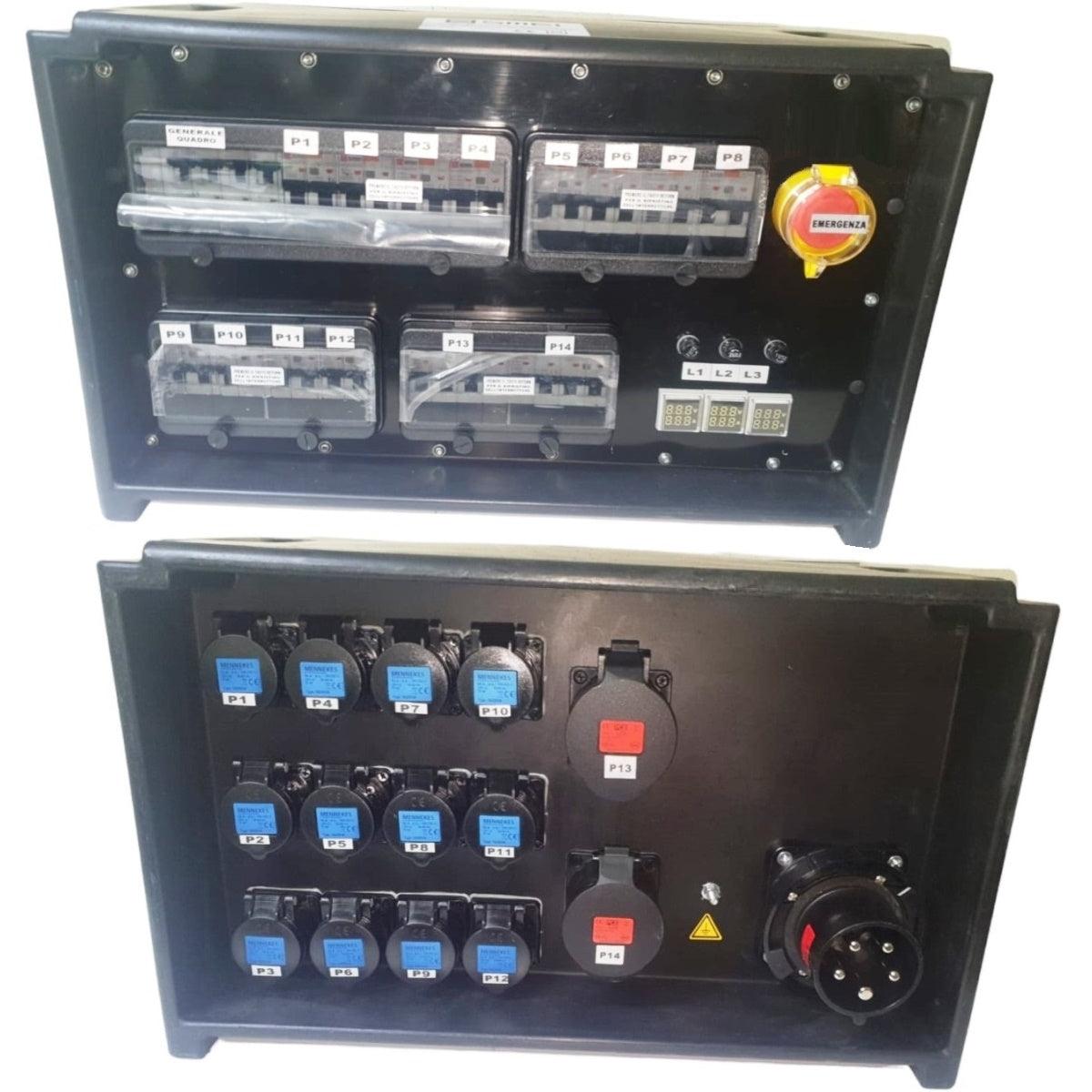 QUADRO CORRENTE POWERBOX SPINA 63A PENTAPOLARE TRIFASE 12 PRESE CEE 16A MONOFASE + 2 32A 5P 3 SPIE VOLTOMETRO AMPEROMETRO EMERGENZA - TechSoundSystem.com