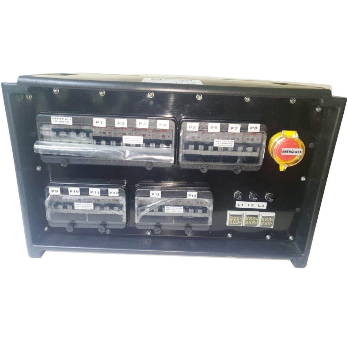 QUADRO CORRENTE POWERBOX SPINA 63A PENTAPOLARE TRIFASE 12 PRESE CEE 16A MONOFASE + 2 32A 5P 3 SPIE VOLTOMETRO AMPEROMETRO EMERGENZA - TechSoundSystem.com