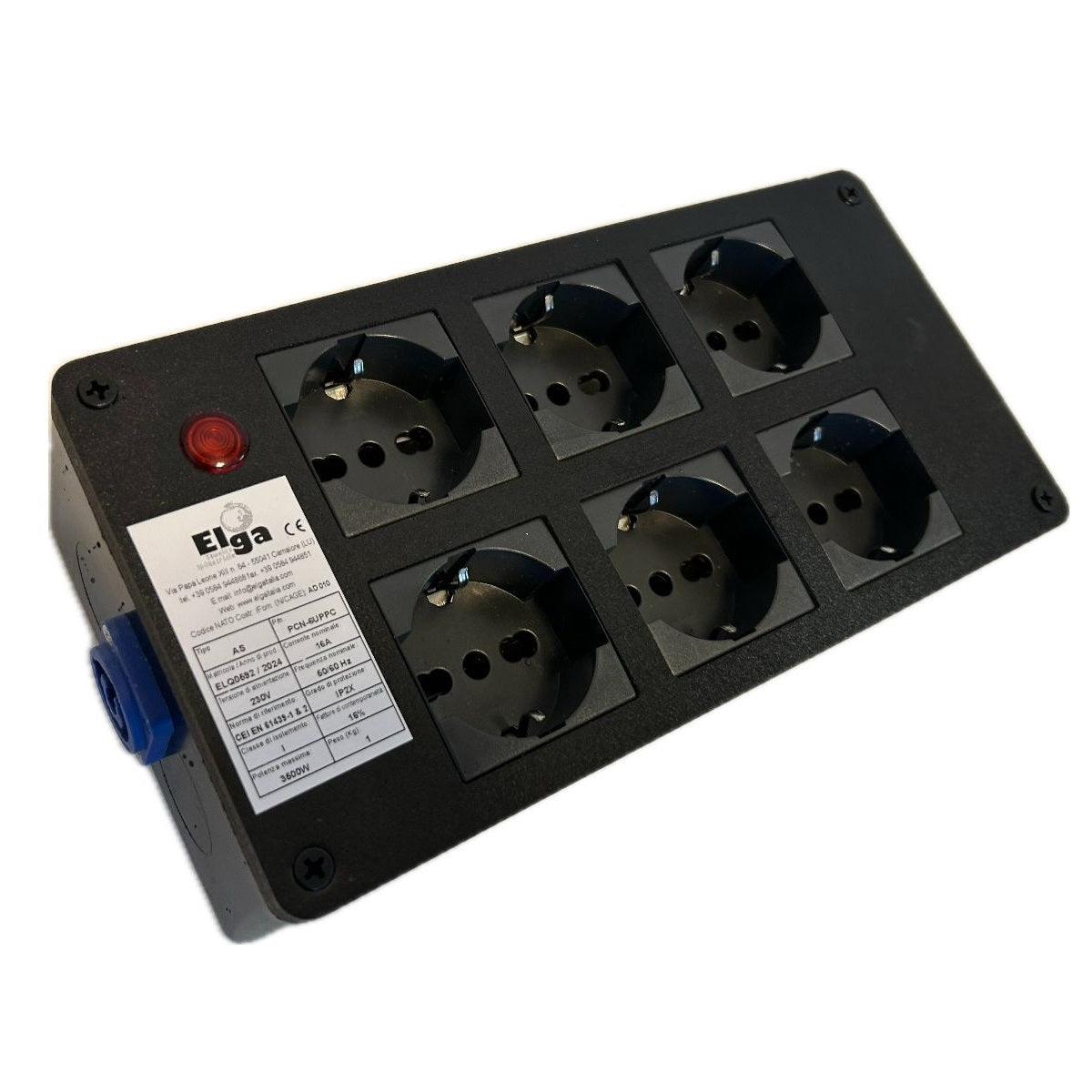 ELGA PCN-6UPPC POWERBOX PASSANTE NEUTRIK POWERCON IN BLU CON 6 PRESE UNEL 10A-16A-SHUKO RILANCIO OUT GRIGIO E SPIA DI RETE - TechSoundSystem.com