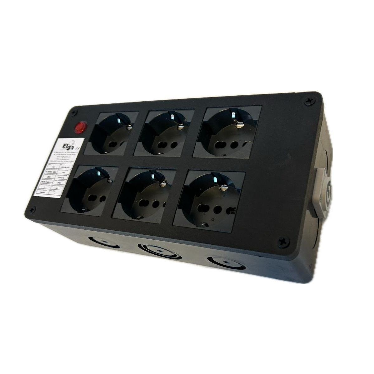 ELGA PCN-6UPPC POWERBOX PASSANTE NEUTRIK POWERCON IN BLU CON 6 PRESE UNEL 10A-16A-SHUKO RILANCIO OUT GRIGIO E SPIA DI RETE - TechSoundSystem.com