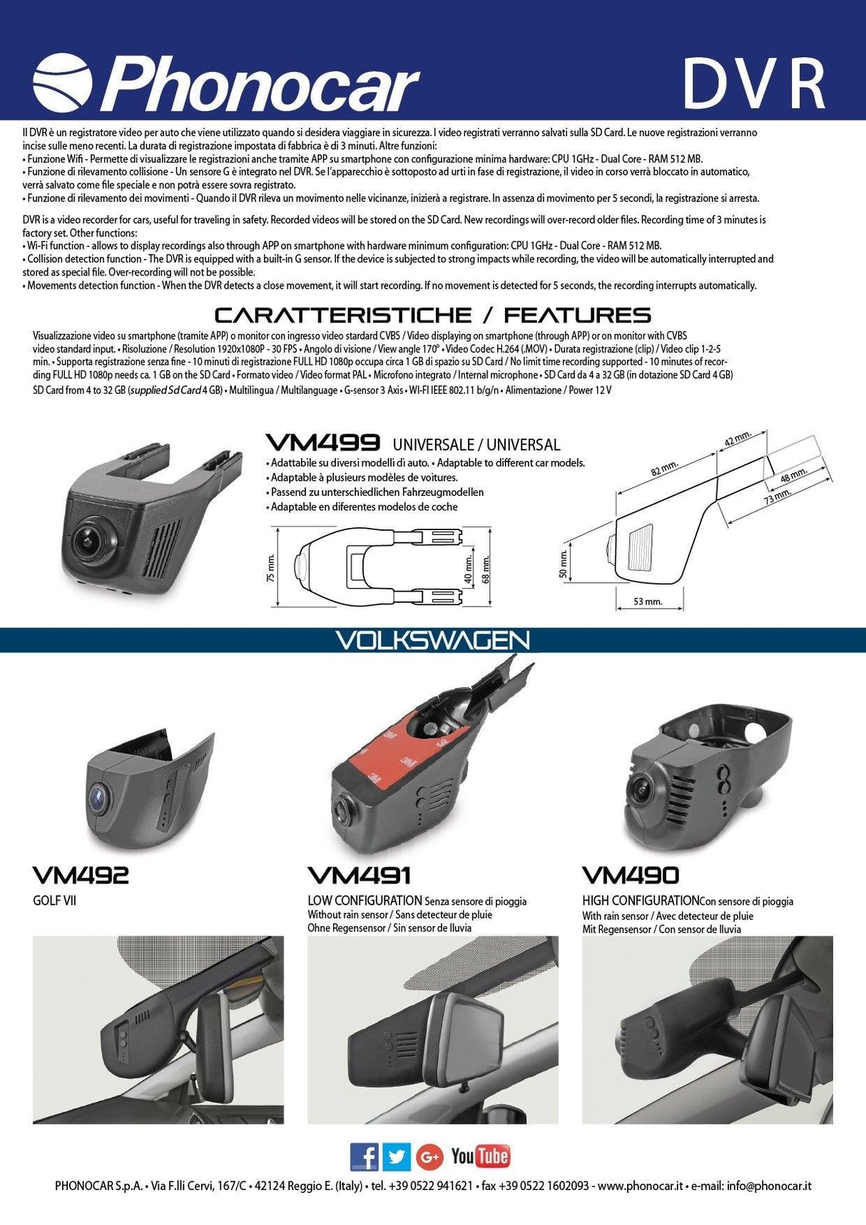 Telecamera con registratore DVR per VW WI-FI Low Pr.Mirror Phonocar VM491 - TechSoundSystem.com