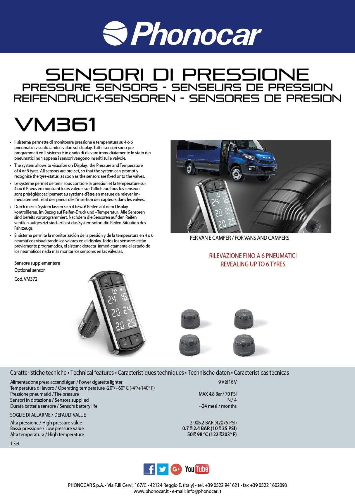 Phonocar VM361 Kit 4 sensori per monitoraggio pressione gomme Wireless per van/camper - TechSoundSystem.com