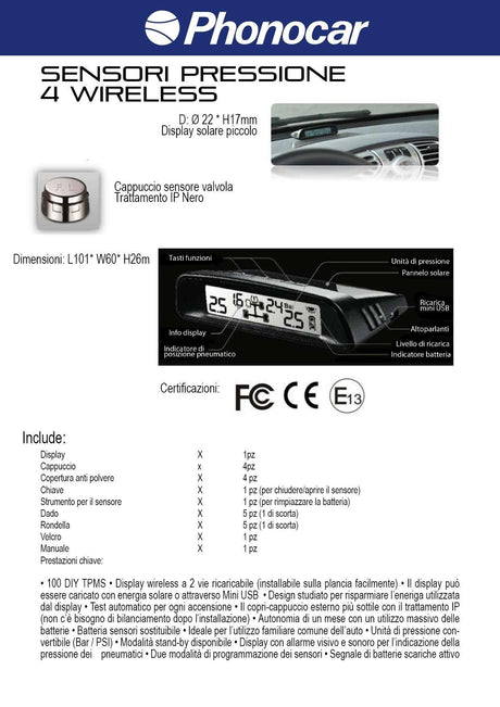 Phonocar VM360 Sistema di monitoraggio pressione gomme Wireless con ricarica solare - TechSoundSystem.com