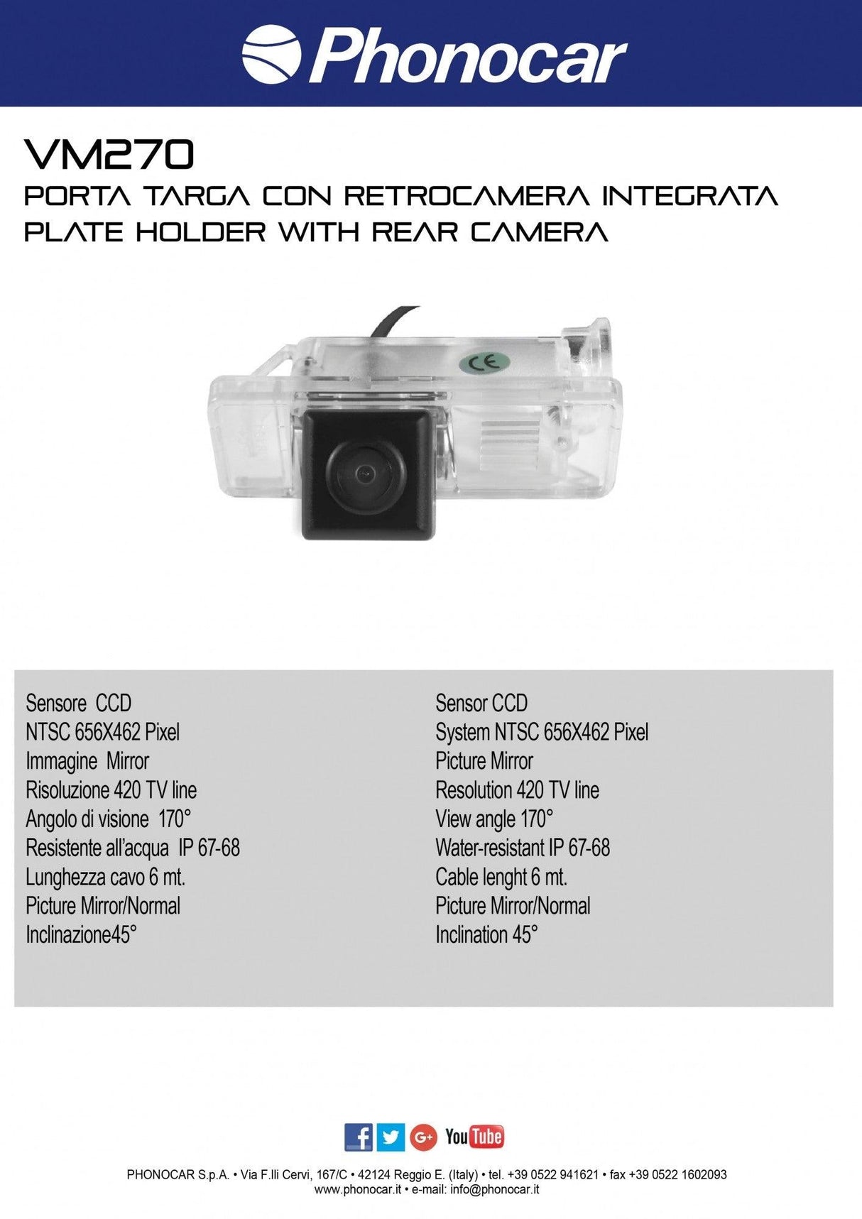 Phonocar VM270 Porta Targa con retrocamera integrata CMD - TechSoundSystem.com