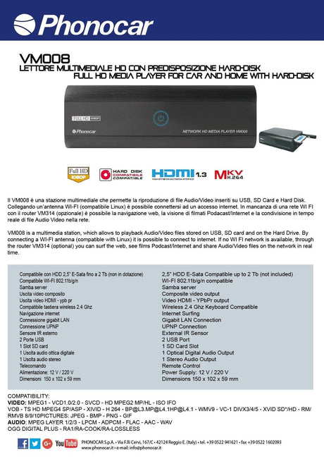 Phonocar VM008 Lettore multimediale HD con predisposizione Hard-Disk - TechSoundSystem.com