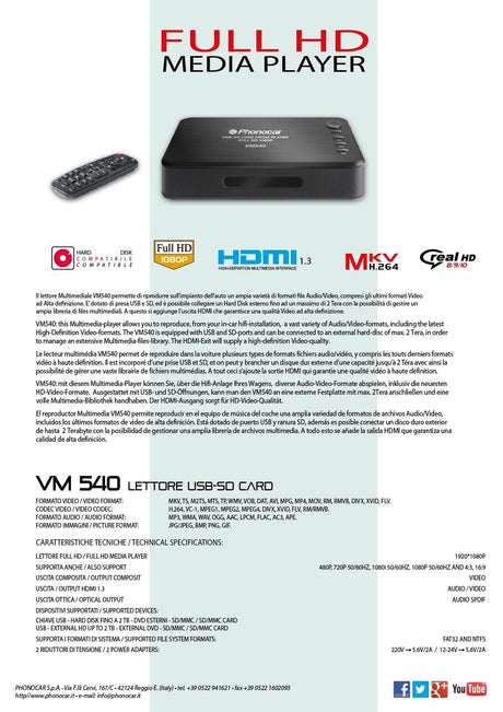 Phonocar VM540 Media Player Full HD USB - SD CARD - TechSoundSystem.com