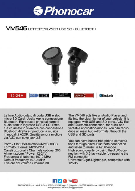 Phonocar VM546 Trasmettitore FM 12-24 V Bluetooth USB - SD CARD - TechSoundSystem.com
