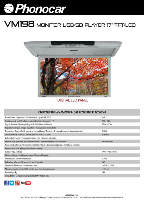 Phonocar VM198 Monitor da tetto 17" TFT/LCD USB-SD CARD HDMI Speakers integrati - TechSoundSystem.com