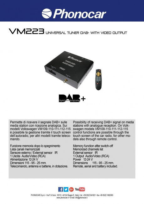 Phonocar VM223 Sintonizzatore radio DAB/DAB+ universale con uscita video - TechSoundSystem.com