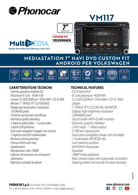 Phonocar VM117E autoradio 2 DIN MediaStation Android 7" GPS MAPPE EUROPA Custom Fit Volkswagen - TechSoundSystem.com
