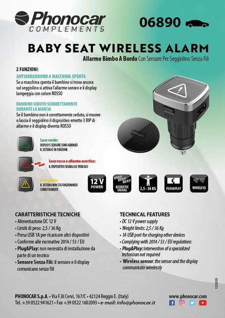 Phonocar 06890 Allarme Bimbo a Bordo antiabbandono Con Sensore per Seggiolino - TechSoundSystem.com