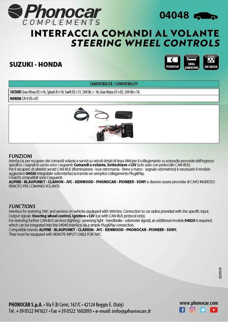 Phonocar 04048 Interfaccia comandi al Volante CANBUS per Suzuki-Honda - TechSoundSystem.com