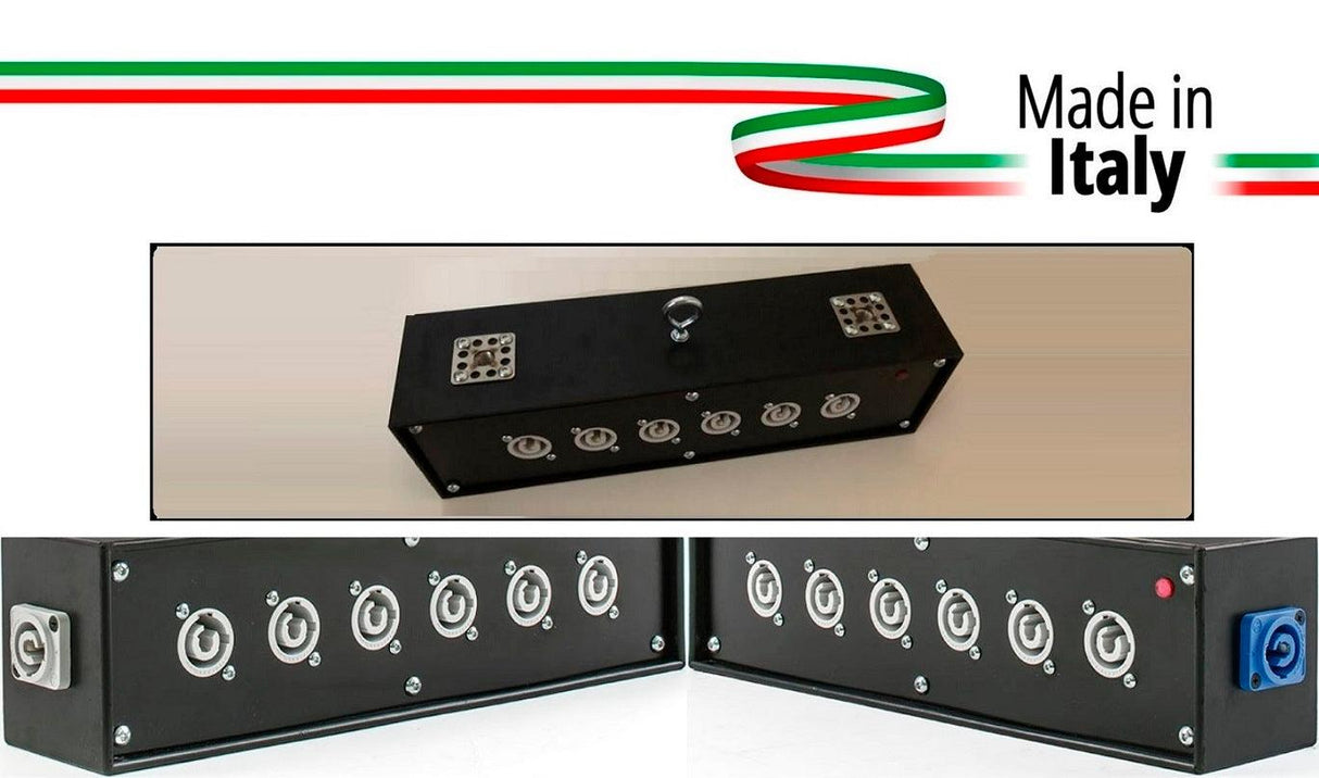 POWER-BOX NERO DA TRUSS CIABATTA ALIMENTAZIONE PALCO POWERCON MADE IN ITALY SPIA RETE INGRESSO 20A NEUTRIK POWER-IN BLUE 6 20AMP POWER-OUT GREY + LOOP - TechSoundSystem.com