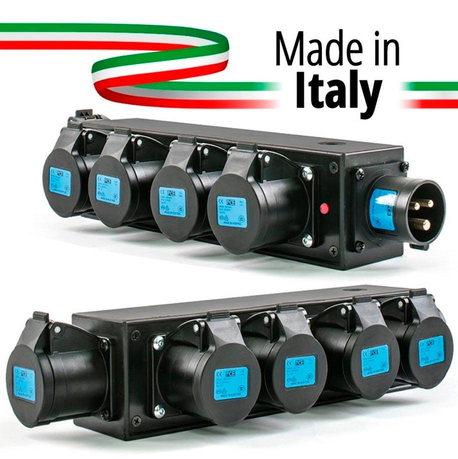 POWERBOX NERO CIABATTA ALIMENTAZIONE PALCO MADE IN ITALY SPIA RETE INGRESSO SPINA 16A 3P USCITE 5 PRESE 16A 3P+N+T - TechSoundSystem.com