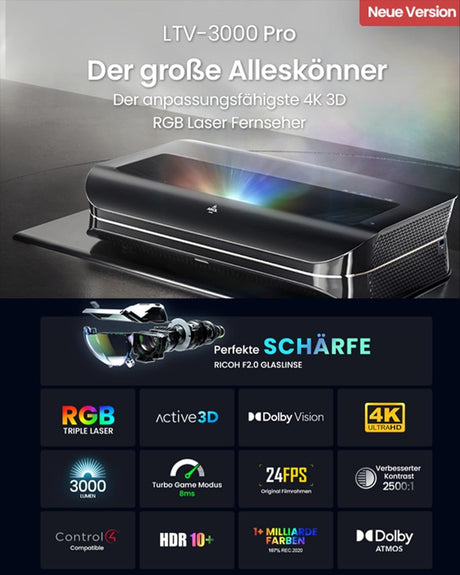 AWOL VISION LTV-3000 Proiettore Triple Ultra Short Throw 4K, 3000lm, Dolby Vision & Atmos, HDR10+, schermo TV laser UST da 150" per il Home Theater - TechSoundSystem.com