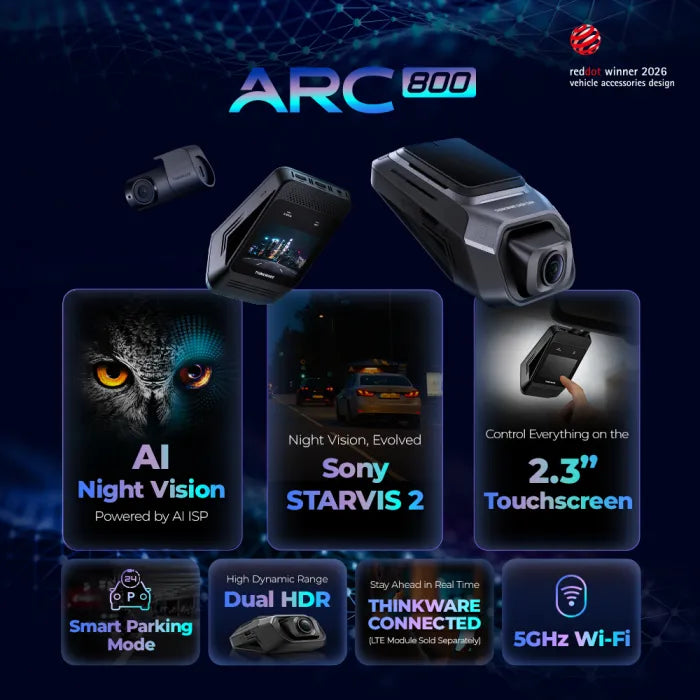 Thinkware ARC 800 Dashcam 2 canali anteriore e posteriore schermo TOUCH, 4K UHD 30 fps - Full HD Posteriore
