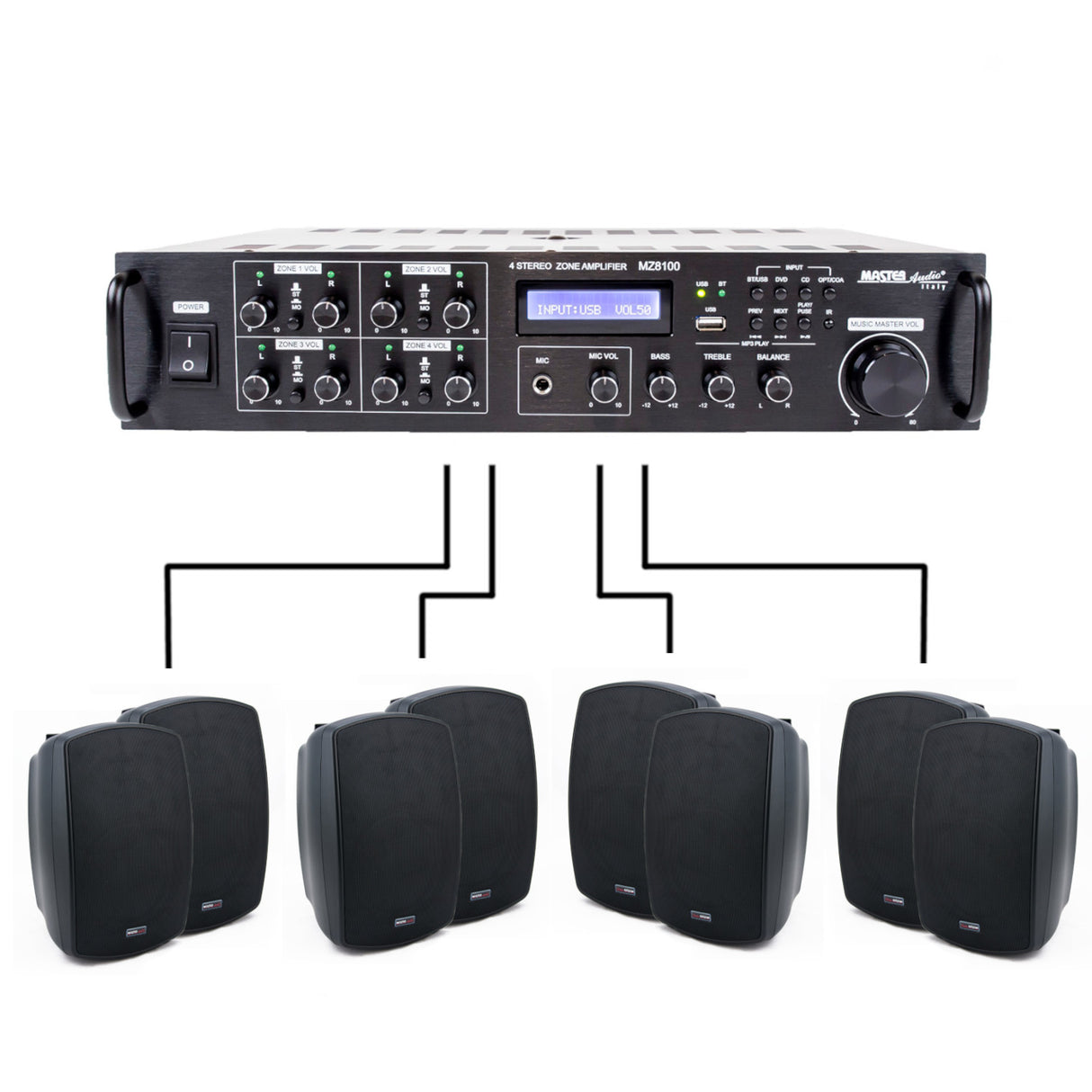 BUNDLE Master Audio: MZ8100/NB600B Amplificatore multizona filodiffusione + 8 casse (BLACK)