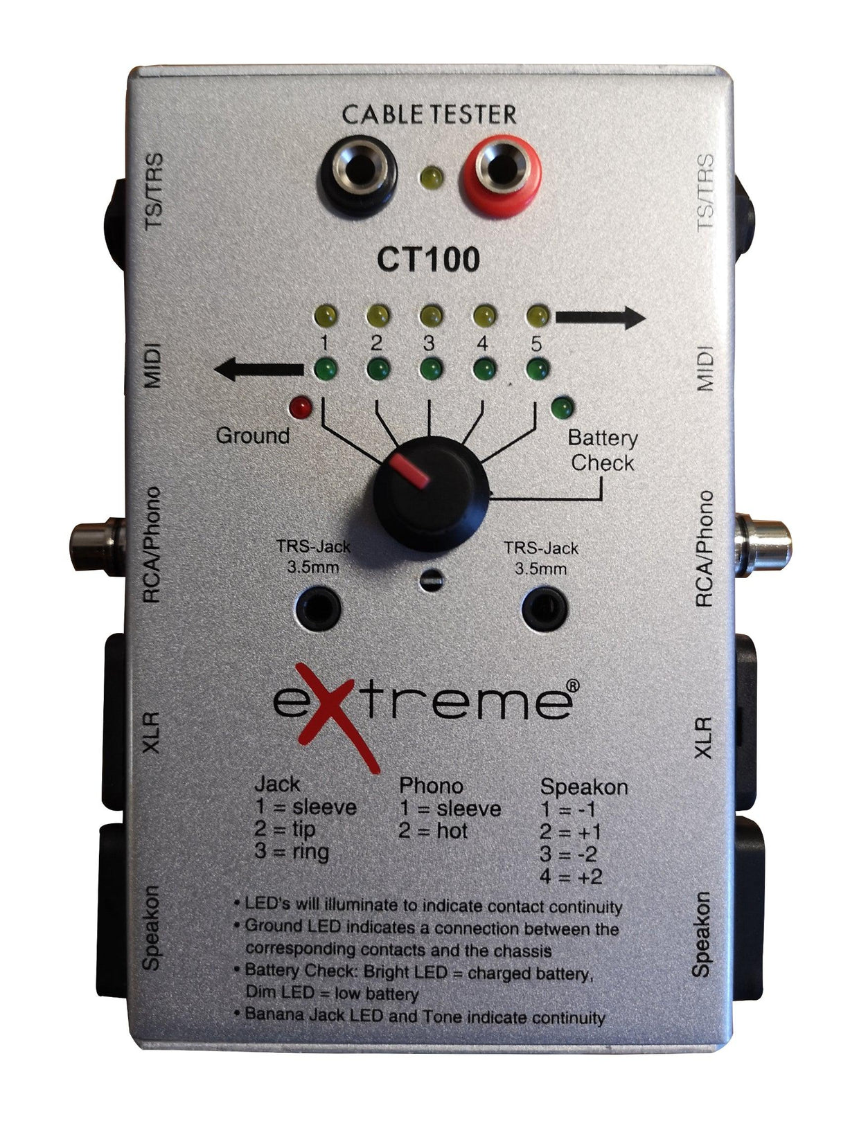 EXTREME CT100 TESTACAVI CABLE TESTER TESTA CAVI XLR JACK RCA SPEAKON MIDI TESTA CAVI AUDIO - TechSoundSystem.com