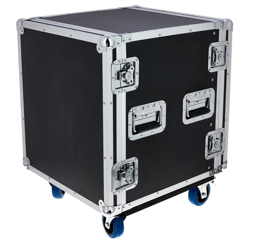 FLYHT PRO RACK 12U 19'' 45CM FLIGHT CASE 4 MANIGLIE 8 CHIUSURE RUOTE 100MM 2+2 CON FRENO
