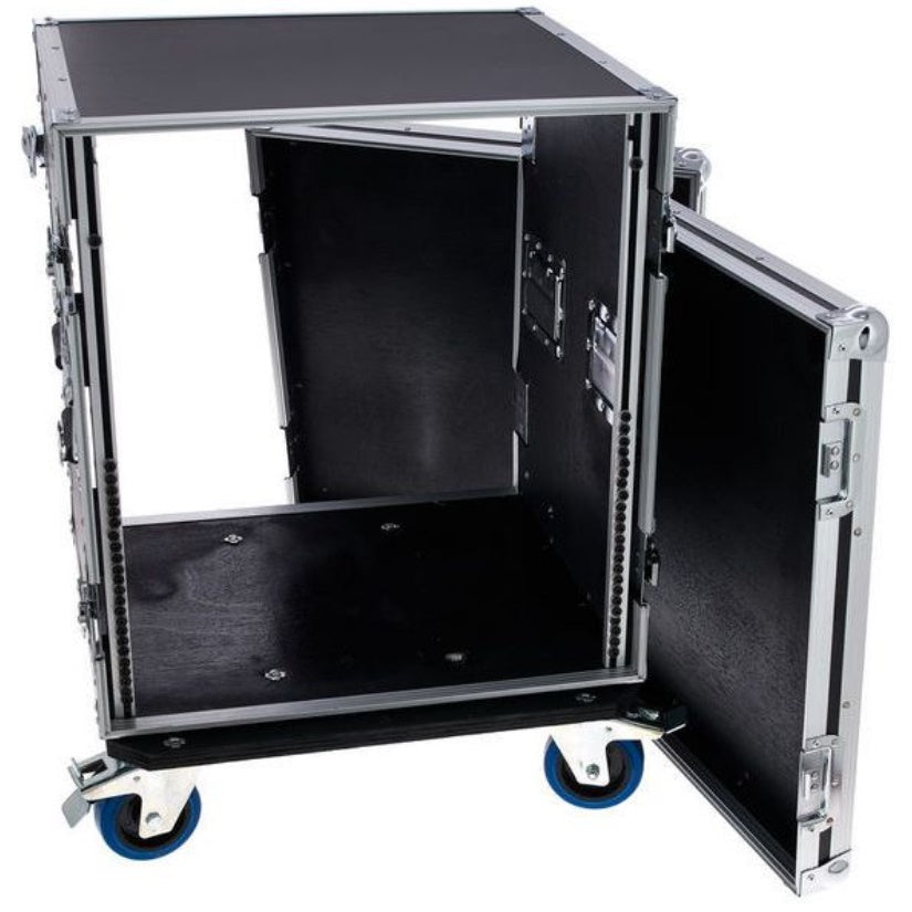 FLYHT PRO RACK 12U 19'' 45CM FLIGHT CASE 4 MANIGLIE 8 CHIUSURE RUOTE 100MM 2+2 CON FRENO