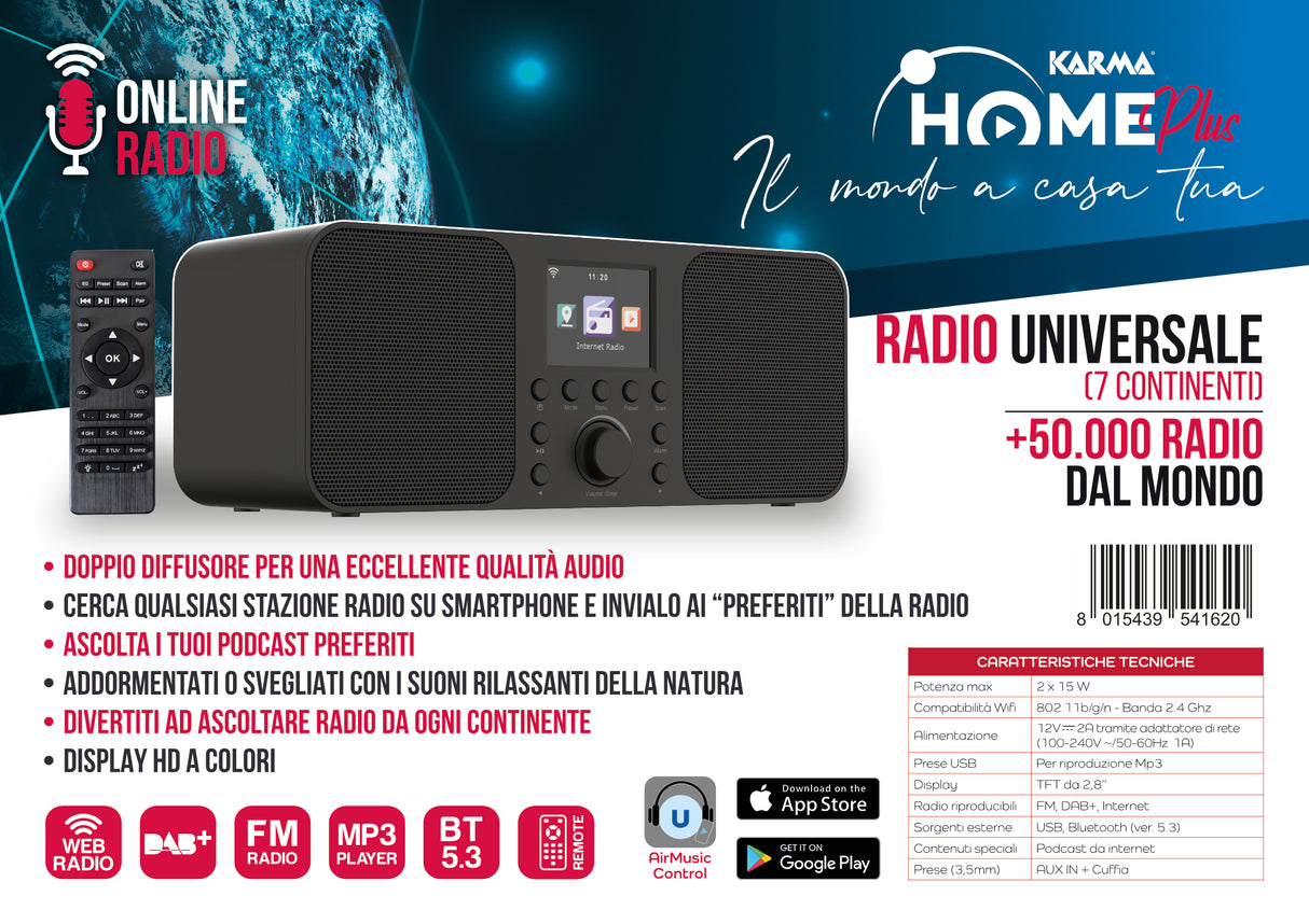 Karma HOME PLUS Radio FM/DAB+ e internet radio, Bluetooth , USB, gestibile via APP
