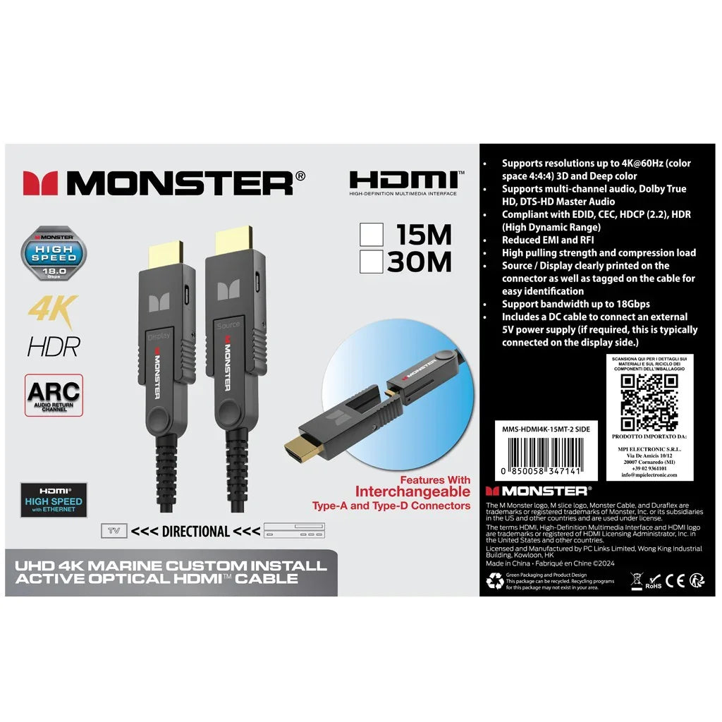 MONSTER MMS-HDMI4K-15MT-2SIDE Cavo HDMI 2.0 da 15MT UHD 4K/60 Hz tecnologia ibrida fibra ottica