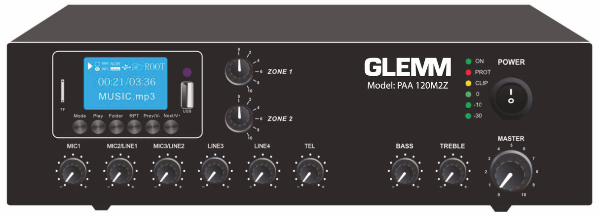 GLEMM PAA 120M2Z Amplificatore PA a 100V/16ohm da 120W a 2 zone