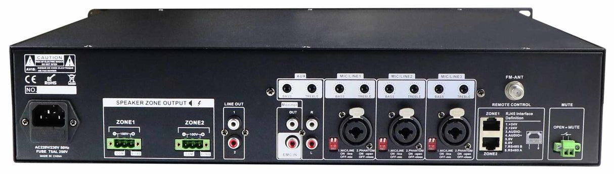 GLEMM PAA 2480 Amplificatore PA a 100V o 8-16ohm, 2 zone a matrice,  radio FM e DAB+