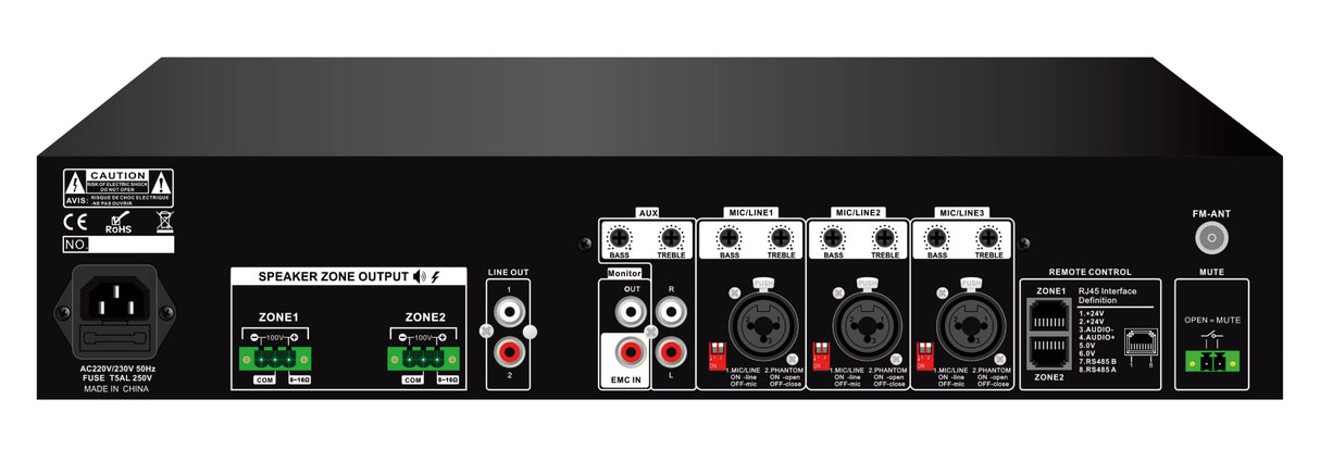 GLEMM PAA 2480 Amplificatore PA a 100V o 8-16ohm, 2 zone a matrice,  radio FM e DAB+