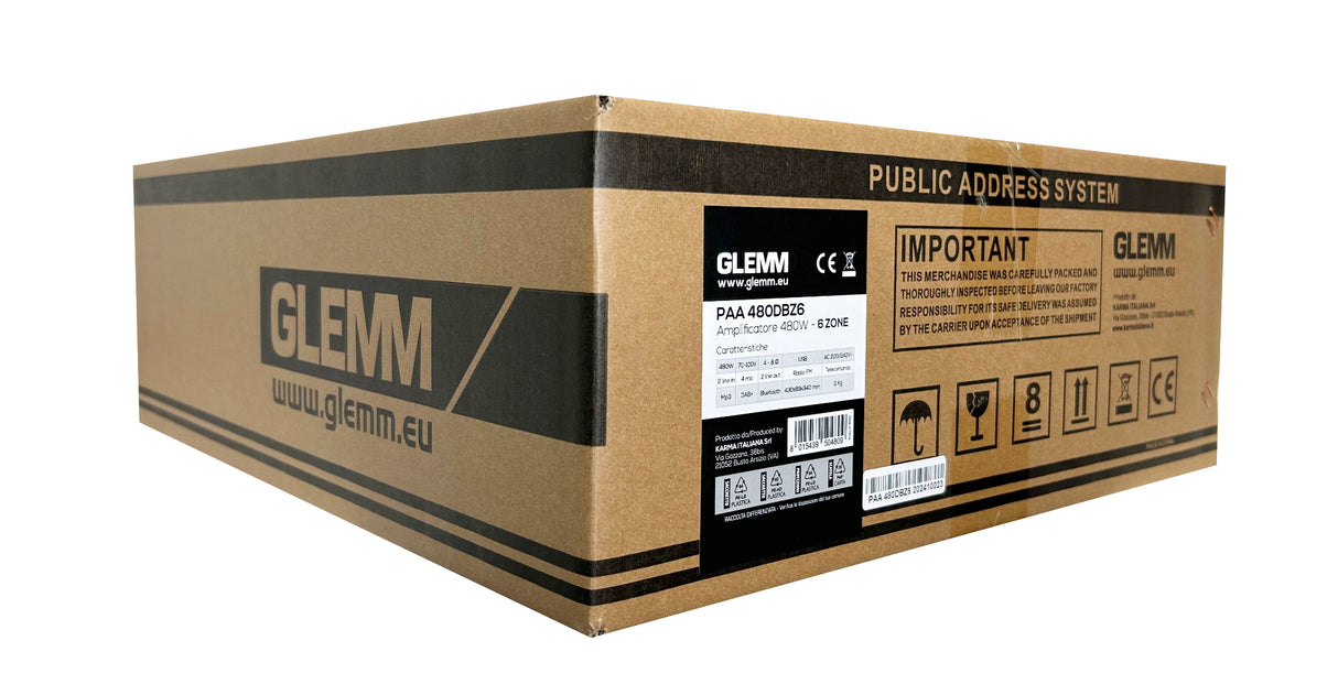 GLEMM PAA 480DBZ6 Amplificatore 6 zone indipendenti 480W su 4-8ohm o 70/100V