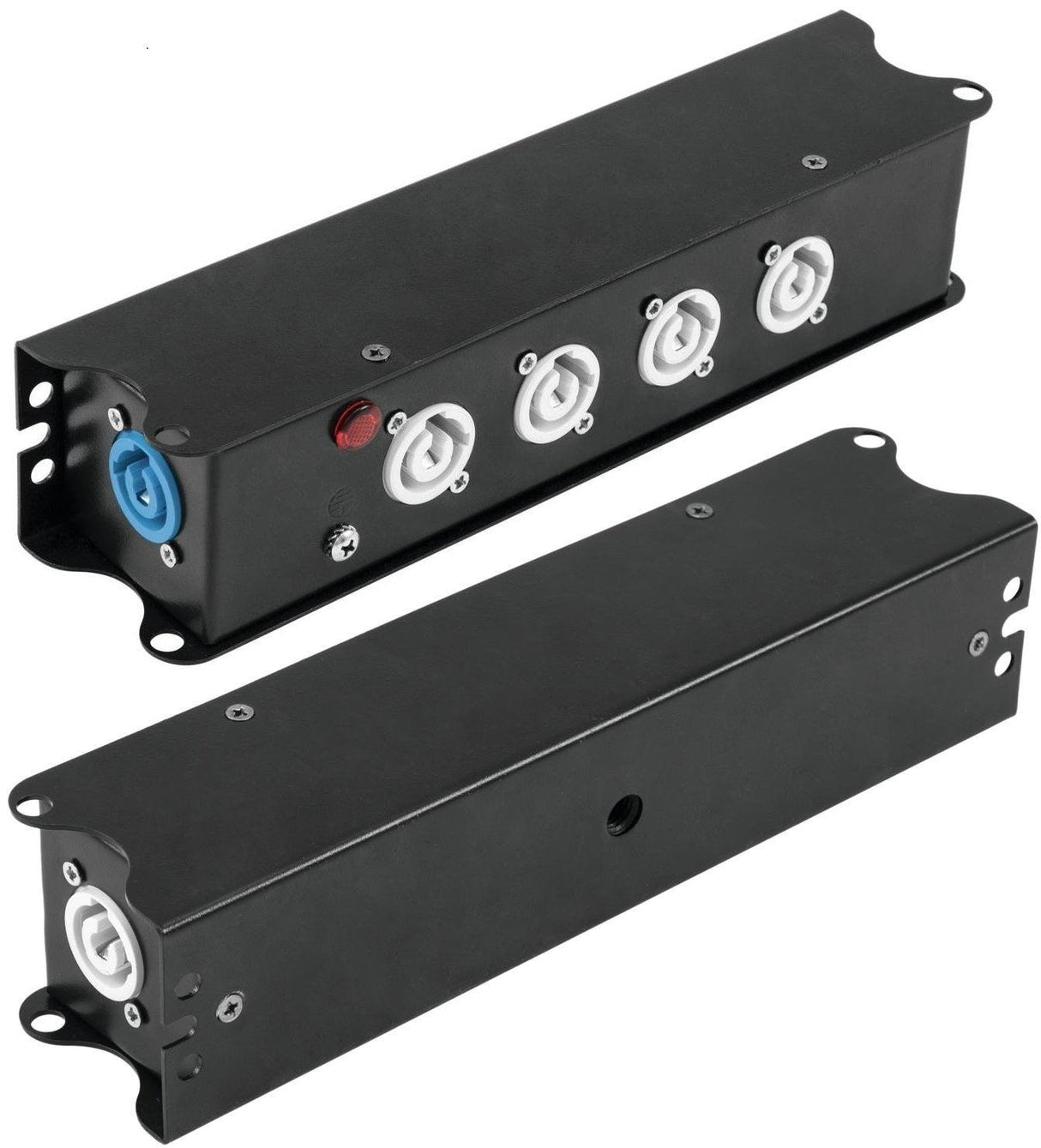POWER-BOX NERO CIABATTA ALIMENTAZIONE PALCO POWERCON SPIA RETE INGRESSO POWER TWIST IN BLU USCITE 4 20AMP POWER TWIST OUT GRIGIO LOOP 20A POWER-OUT GREY - TechSoundSystem.com