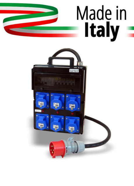QUADRO CORRENTE POWERBOX POLICARBONATO PRESSACAVO METALLO SPIE RETE DA SPINA 32A MASCHIO 5P A 6 PRESE CEE 16A 2P+T FEMMINA - TechSoundSystem.com