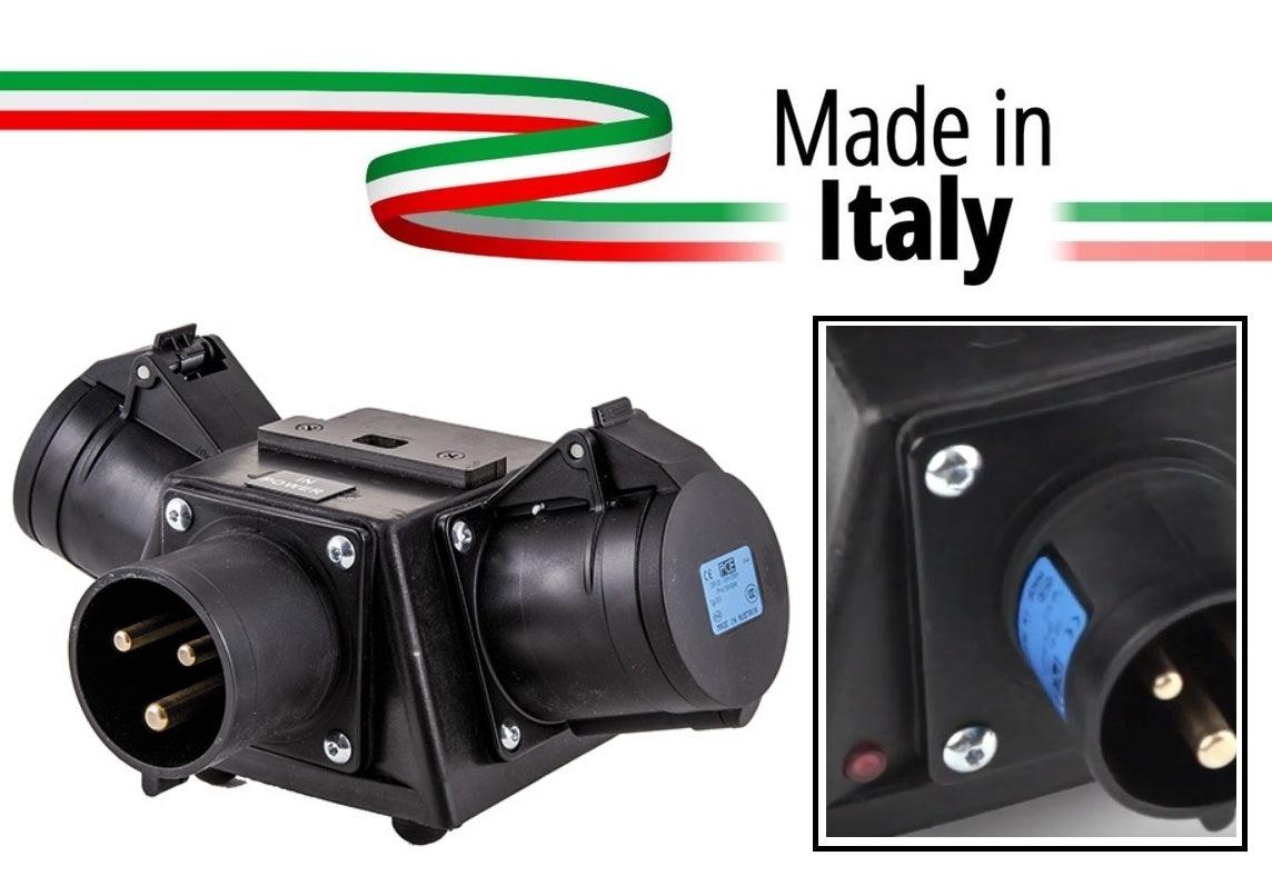 POWER-BOX NERO SPLITTER PALCO/TRUSS CIABATTA ALIMENTAZIONE MADE IN ITALY SPIA RETE INGRESSO SPINA 32A 3P USCITE 2 PRESE 16A 3P - TechSoundSystem.com