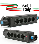 EXTREME POWERBOX NERO CIABATTA ALIMENTAZIONE PALCO MADE IN ITALY SPIA RETE INGRESSO SPINA 16A 3P 5-USCITE UNEL E PRESA LOOP OUT 16A - TechSoundSystem.com