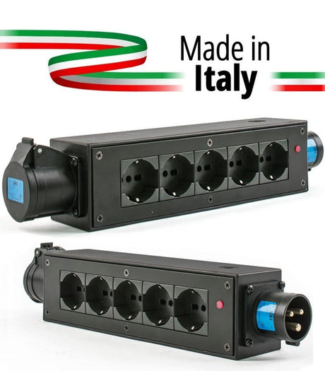 EXTREME POWERBOX NERO CIABATTA ALIMENTAZIONE PALCO MADE IN ITALY SPIA RETE INGRESSO SPINA 16A 3P 5-USCITE UNEL E PRESA LOOP OUT 16A - TechSoundSystem.com