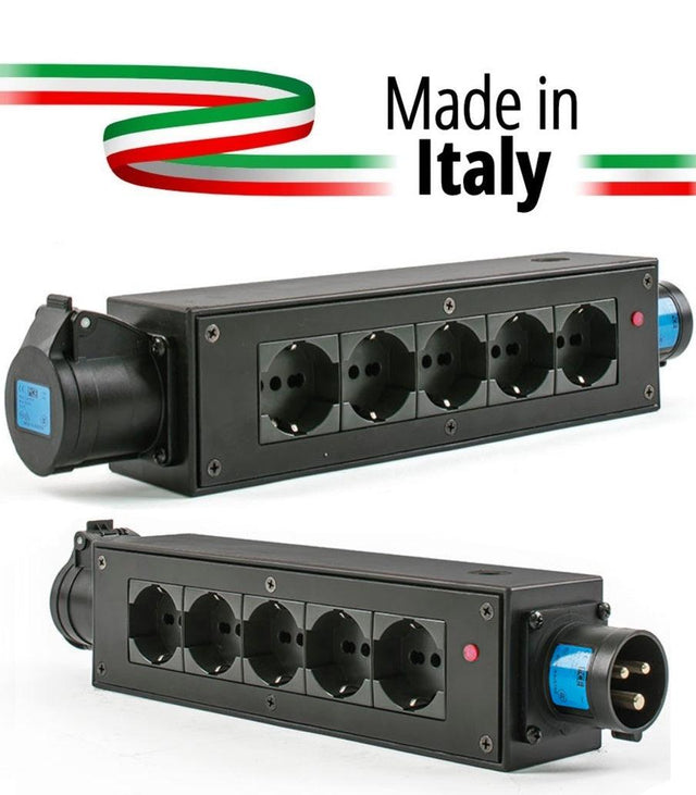 EXTREME POWERBOX NERO CIABATTA ALIMENTAZIONE PALCO MADE IN ITALY SPIA RETE INGRESSO SPINA 16A 3P 5-USCITE UNEL E PRESA LOOP OUT 16A - TechSoundSystem.com