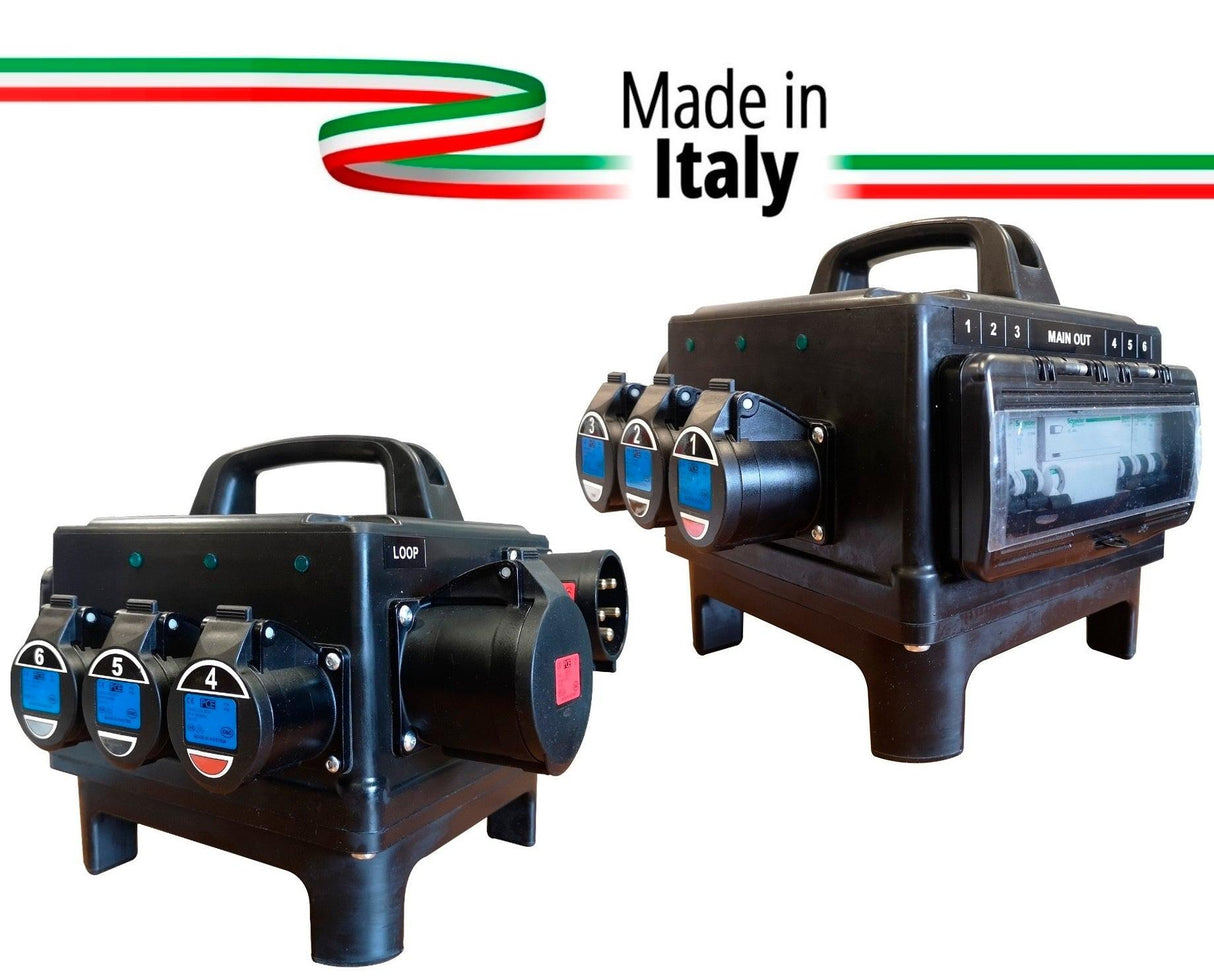 POWERBOX TARTARUGA GOMMA BUTILICA VULCANIZZATA SPINA PANNELLO 32A 5P 6 PRESE CEE 16A 3P SPIE RETE DOPPIA PROTEZIONE RCCB 40A + 6 MCB - TechSoundSystem.com