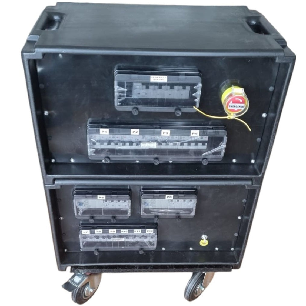 POWERBOX 125A SU RUOTE PRESE 2x63A 4x32A 6x16A3P + 3 SPIE VOLTOMETRO AMPEROMETRO
