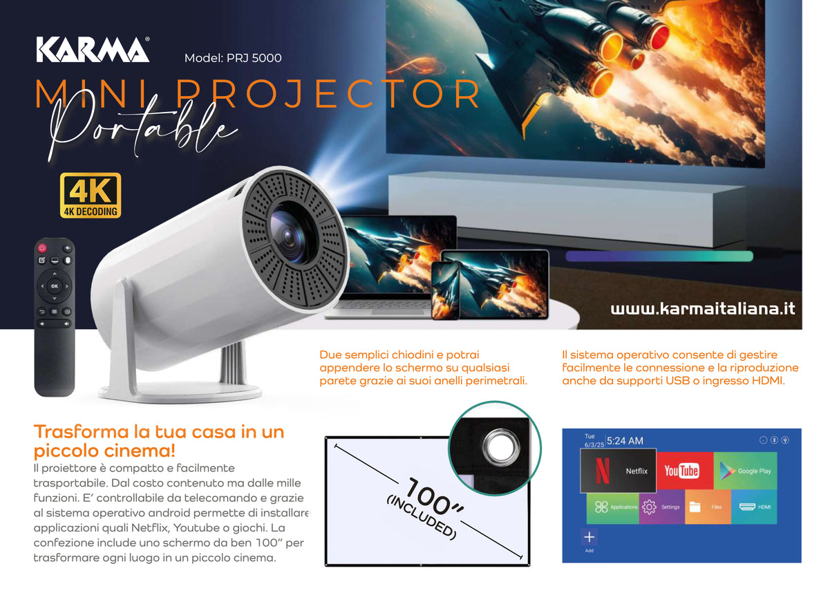 KARMA PRJ 5000 Videoproiettore 1080P - 4K con schermo da 100" INCLUSO