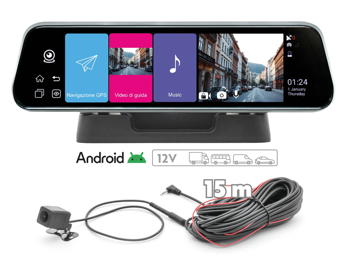 Phonocar VM495E specchietto retrovisore Fullscreen 9.7" Android e DVR con retrocamera GPS Mappe europa