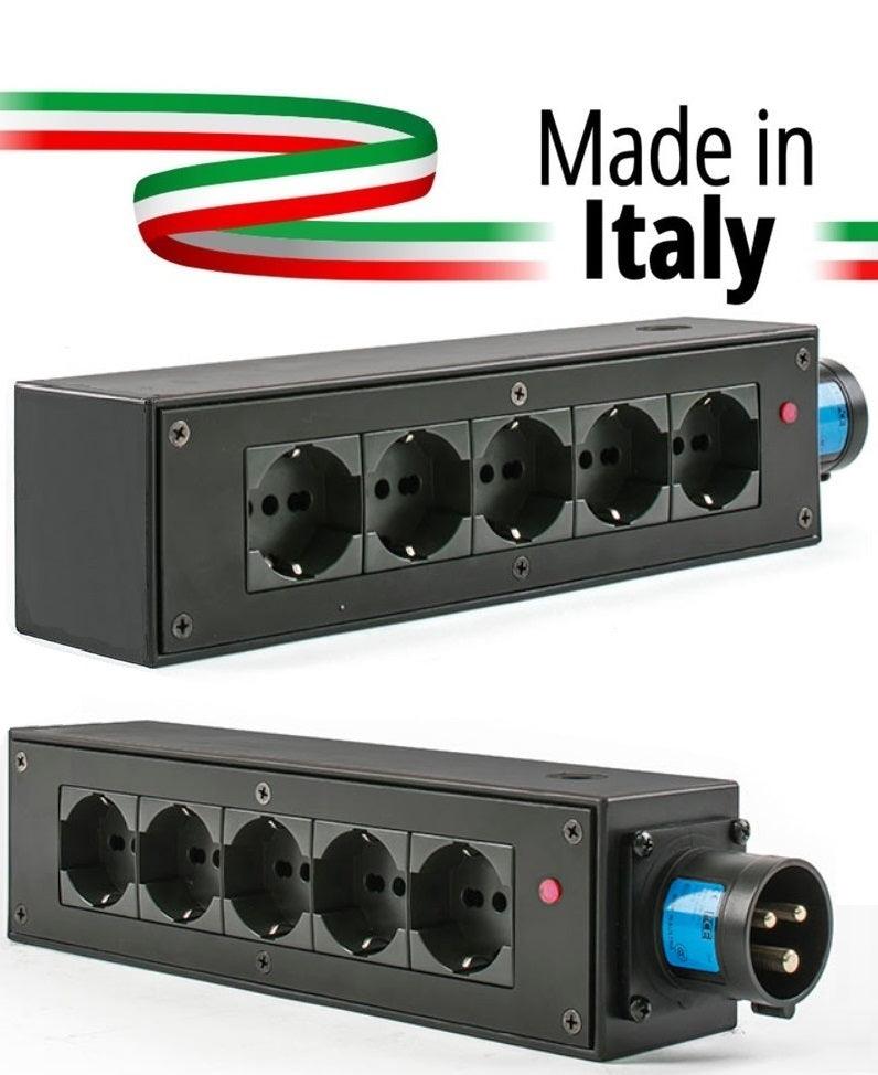 POWERBOX NERO CIABATTA ALIMENTAZIONE PALCO MADE IN ITALY SPIA RETE INGRESSO SPINA 16A 3P+N+T USCITE 5 X SCHUKO 16A 3P IP2X - TechSoundSystem.com