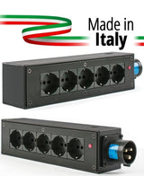 POWERBOX NERO CIABATTA ALIMENTAZIONE PALCO MADE IN ITALY SPIA RETE INGRESSO SPINA 16A 3P+N+T USCITE 5 X SCHUKO 16A 3P IP2X - TechSoundSystem.com
